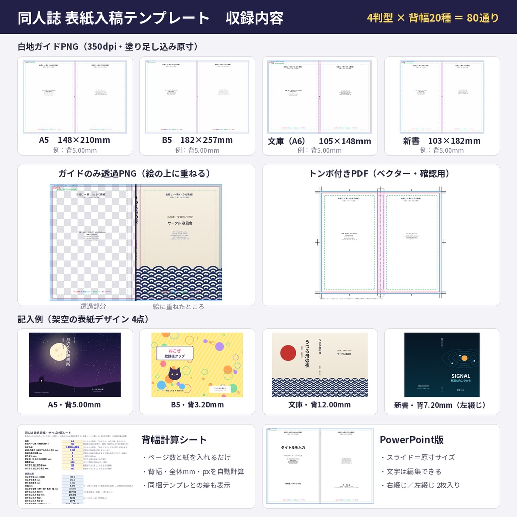 同人誌 表紙 入稿テンプレート トンボ・塗り足し・背幅ガイド付き A5 B5 文庫 新書