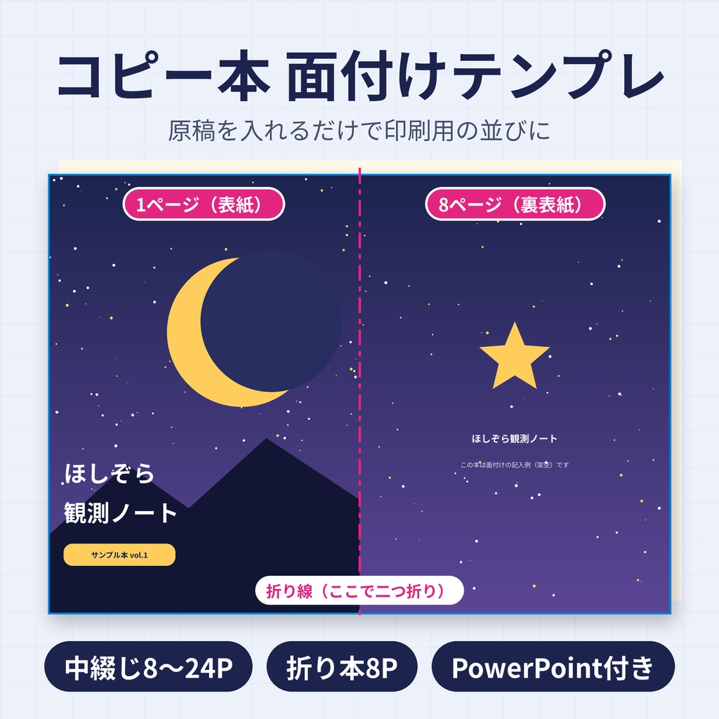 コピー本・折り本 面付けテンプレート 中綴じ8〜24P 同人誌 PDF 商用利用OK