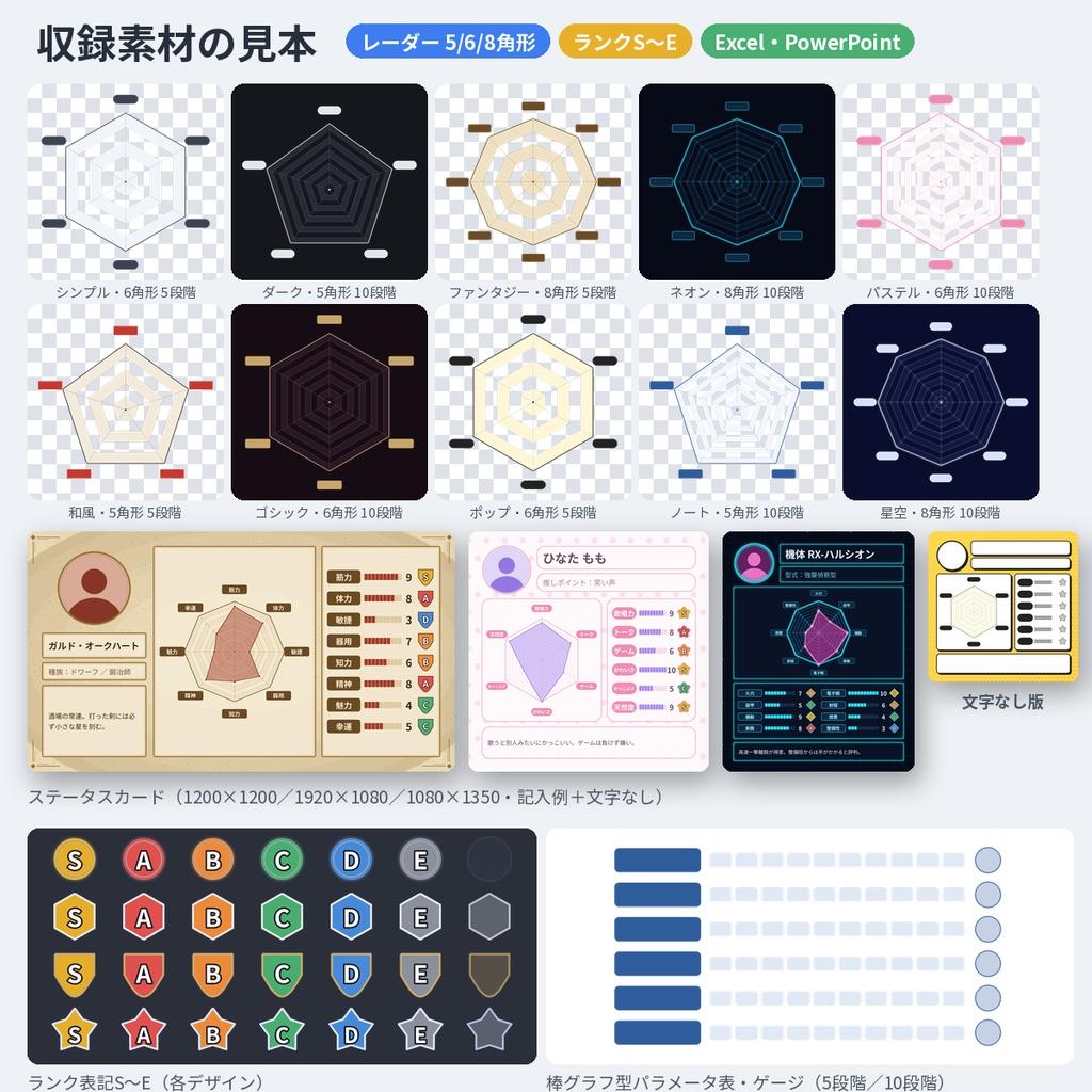 能力値レーダーチャート素材 ステータス 透過PNG Excel付 TRPG 商用OK
