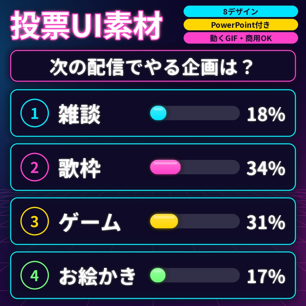 投票・アンケート結果UI素材 配信 VTuber 透過PNG 動くGIF 商用利用OK