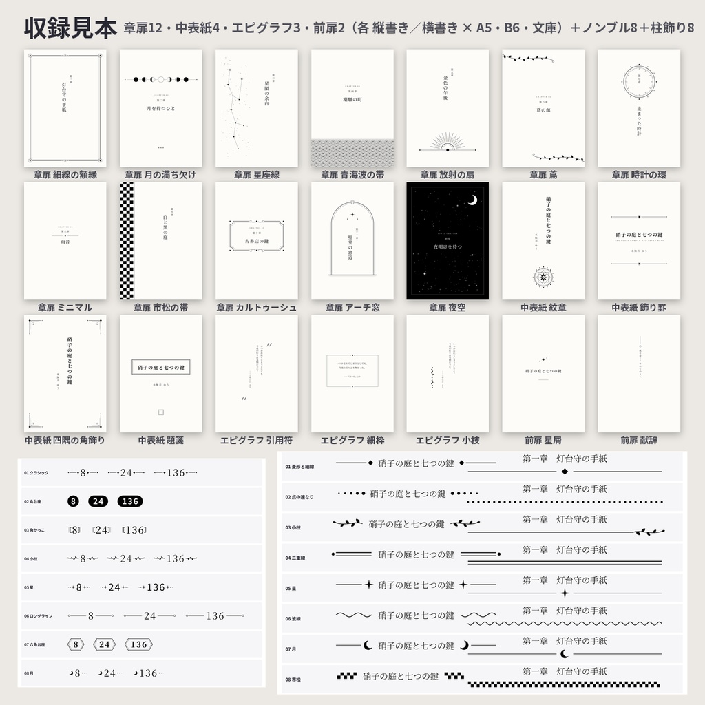 章扉・中表紙・ノンブル・柱 素材 小説同人誌 縦書き横書き A5/B6/文庫 商用OK