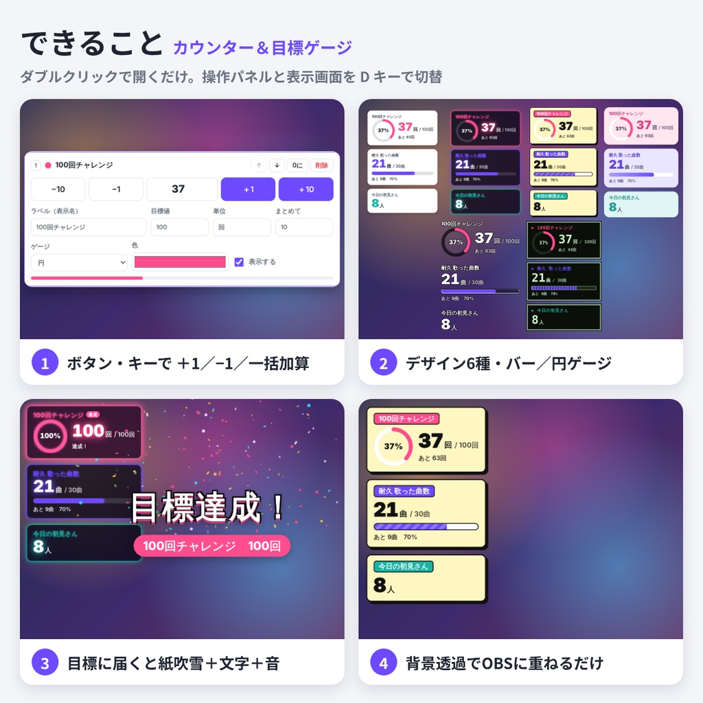 配信用カウンター&目標ゲージ【OBS対応・背景透過】インストール不要ツール 商用利用OK