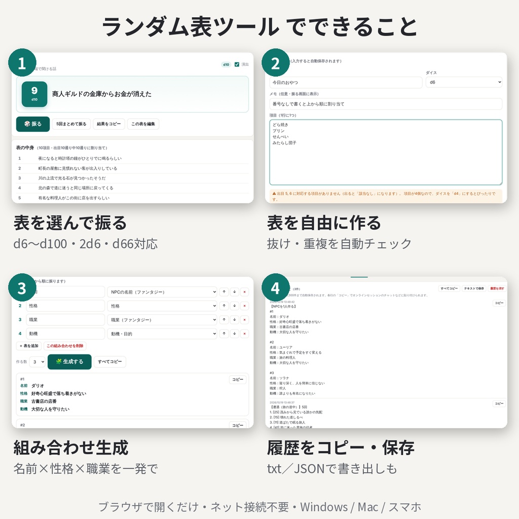 ランダム表ツール TRPG・マダミス・創作向け ブラウザ版 インストール不要 商用利用OK