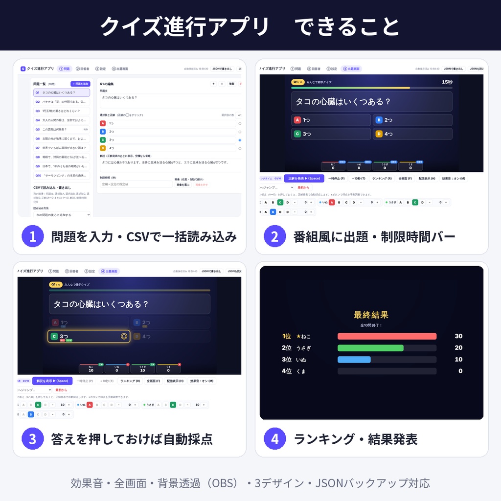 クイズ進行アプリ 配信/オフ会 自動採点ツール インストール不要 OBS対応 商用利用OK