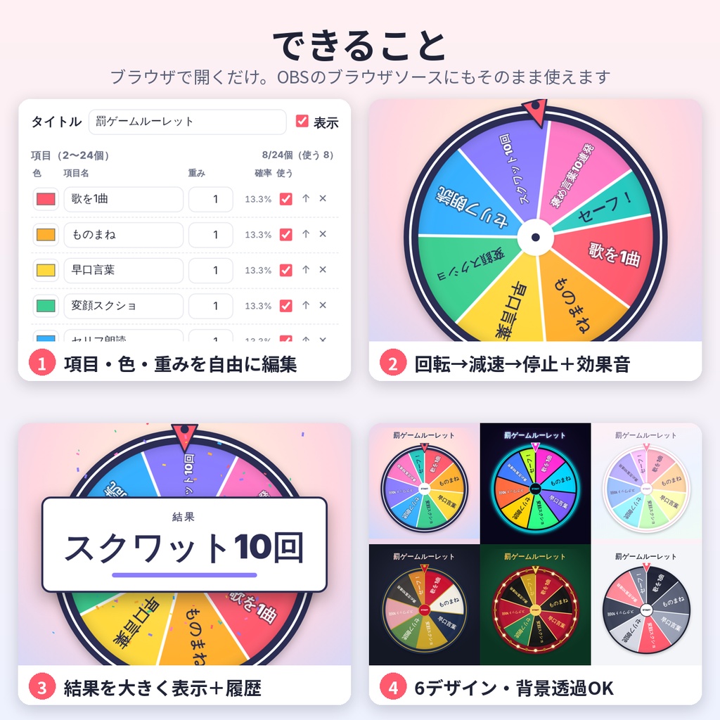 配信用ルーレット ツール【OBS対応】項目自由編集・インストール不要・商用利用OK