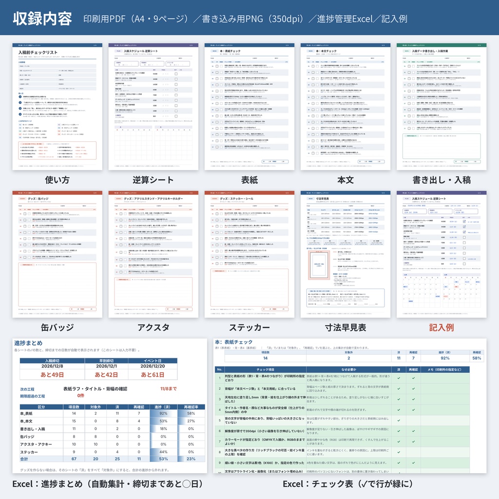 同人誌・グッズ 入稿前チェックリスト PDF+Excel 塗り足し 寸法早見表 テンプレ