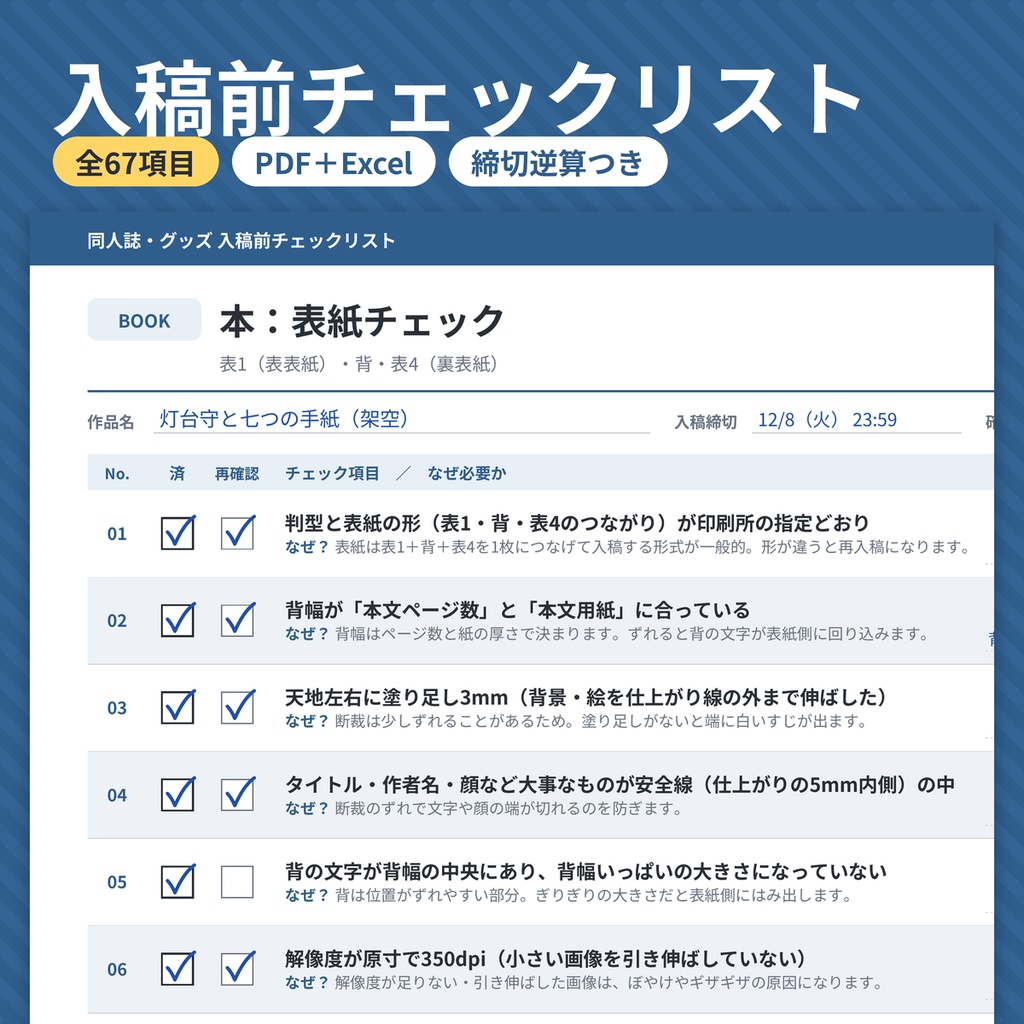 同人誌・グッズ 入稿前チェックリスト PDF＋Excel 塗り足し 寸法早見表 テンプレ