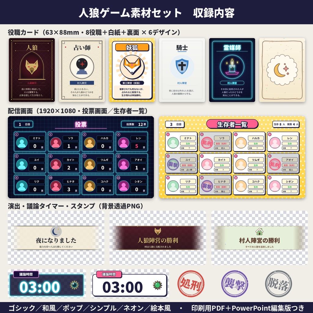 人狼ゲーム素材 役職カード・投票画面・演出 配信/オフ会 透過PNG PPT付 商用OK