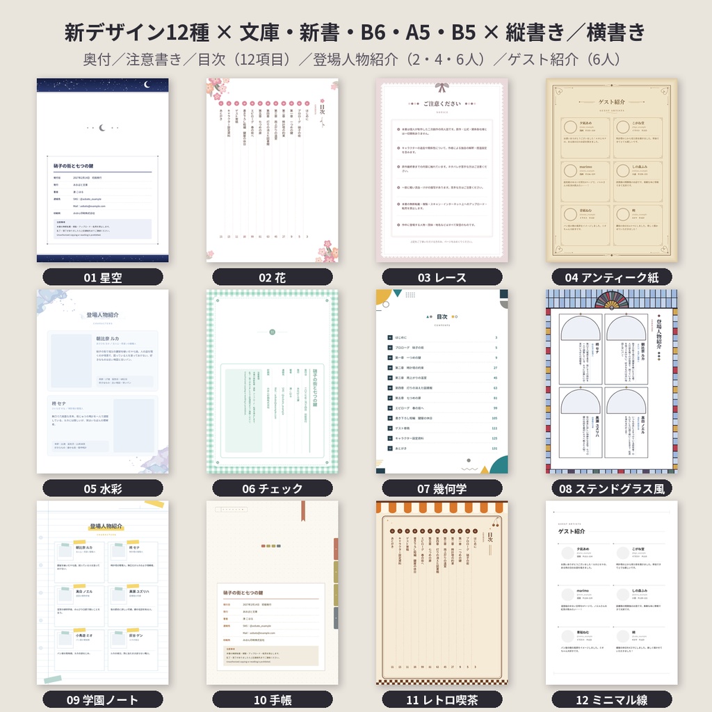同人誌 奥付・注意書き・目次テンプレ第2弾 文庫/新書/B6/A5/B5 商用利用OK