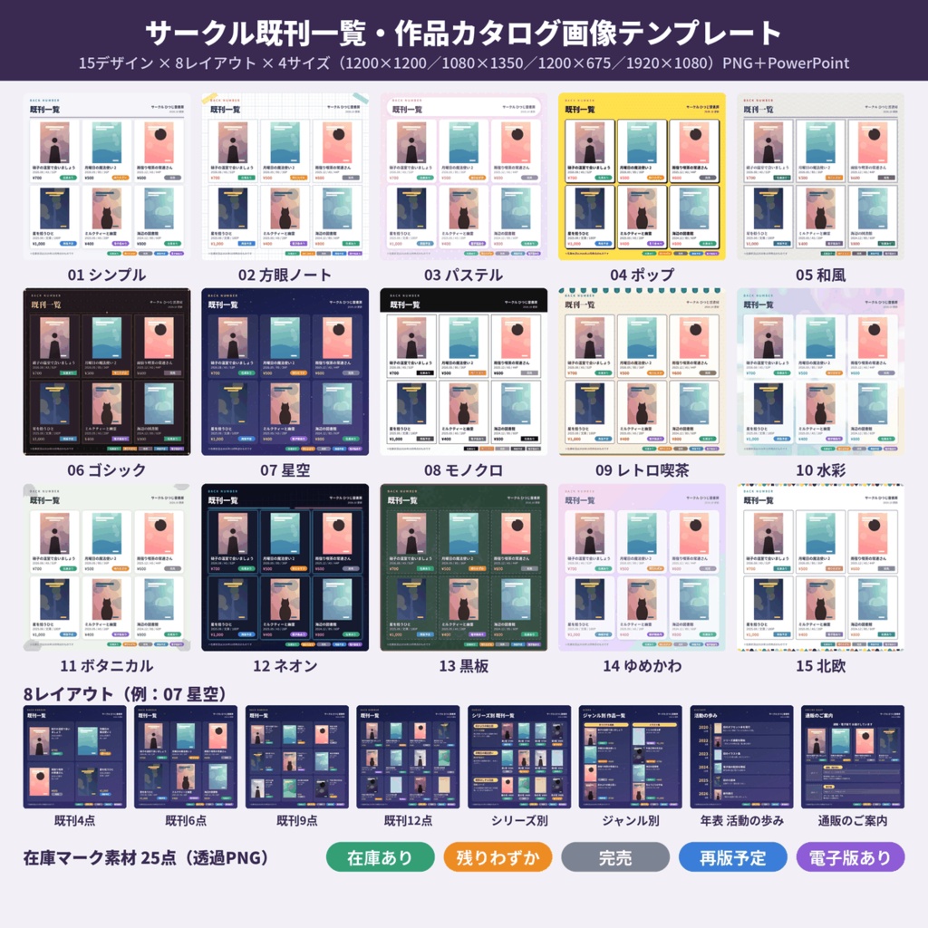 既刊一覧・作品カタログ画像テンプレ 同人 SNS 通販案内 素材 PowerPoint付