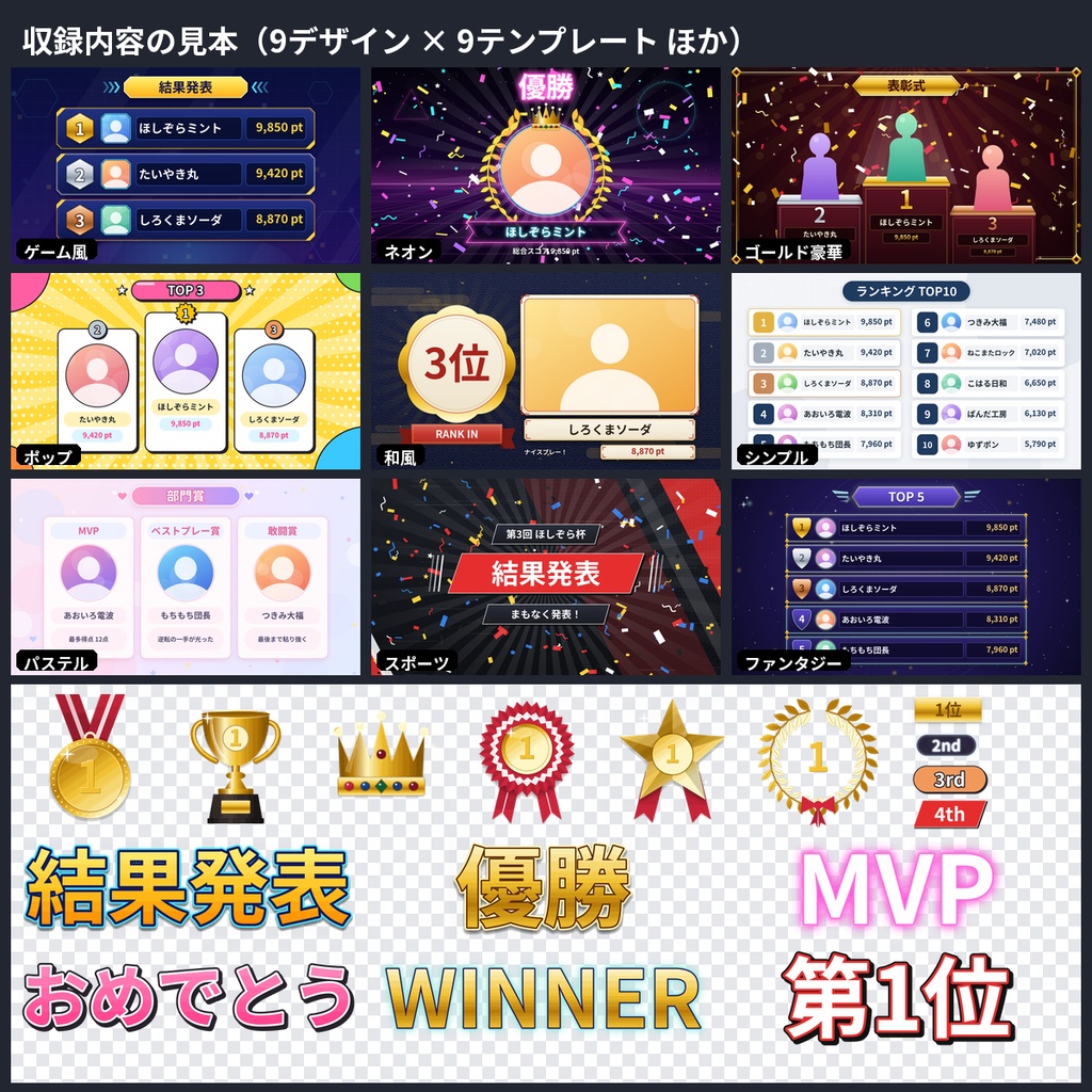 ランキング・表彰台・結果発表素材 配信/VTuber/大会 透過PNG PPT付 商用OK