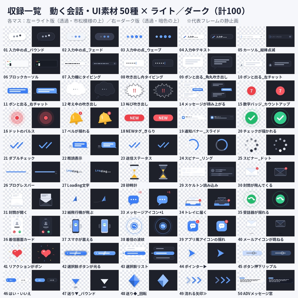 【ココフォリア・配信】動く会話UI APNG素材50種 入力中・吹き出し・通知・選択肢