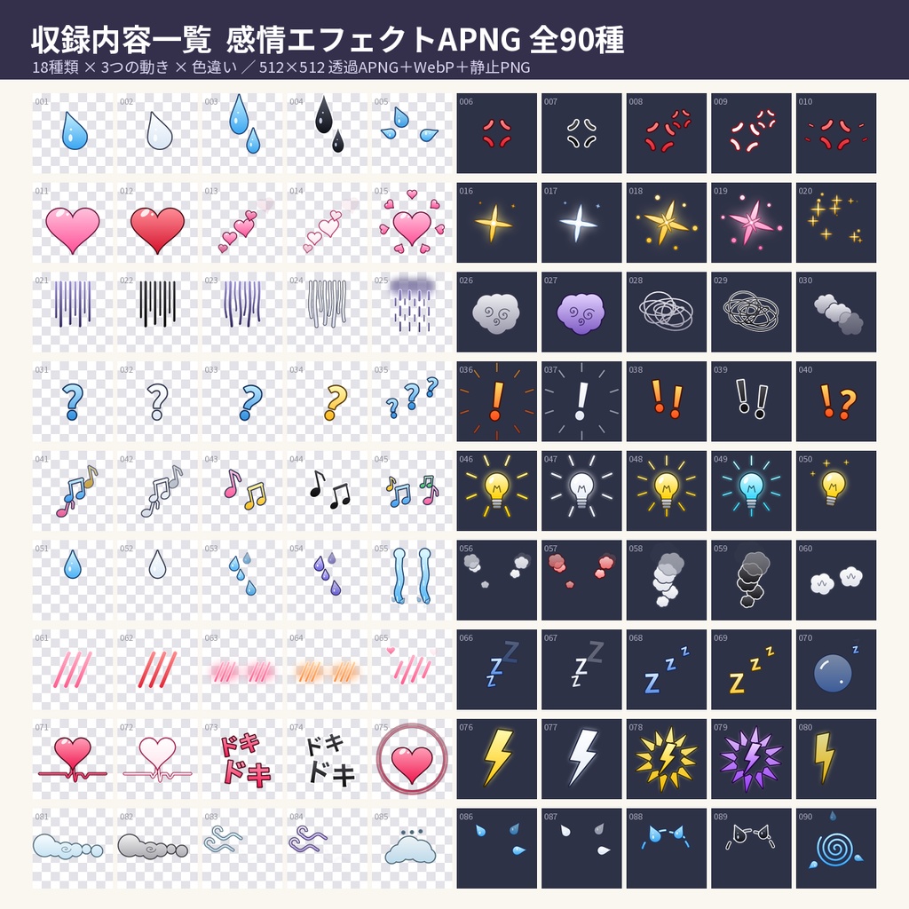 【ココフォリア・配信】動く感情エフェクトAPNG90種 汗・怒り・ハート【商用OK】