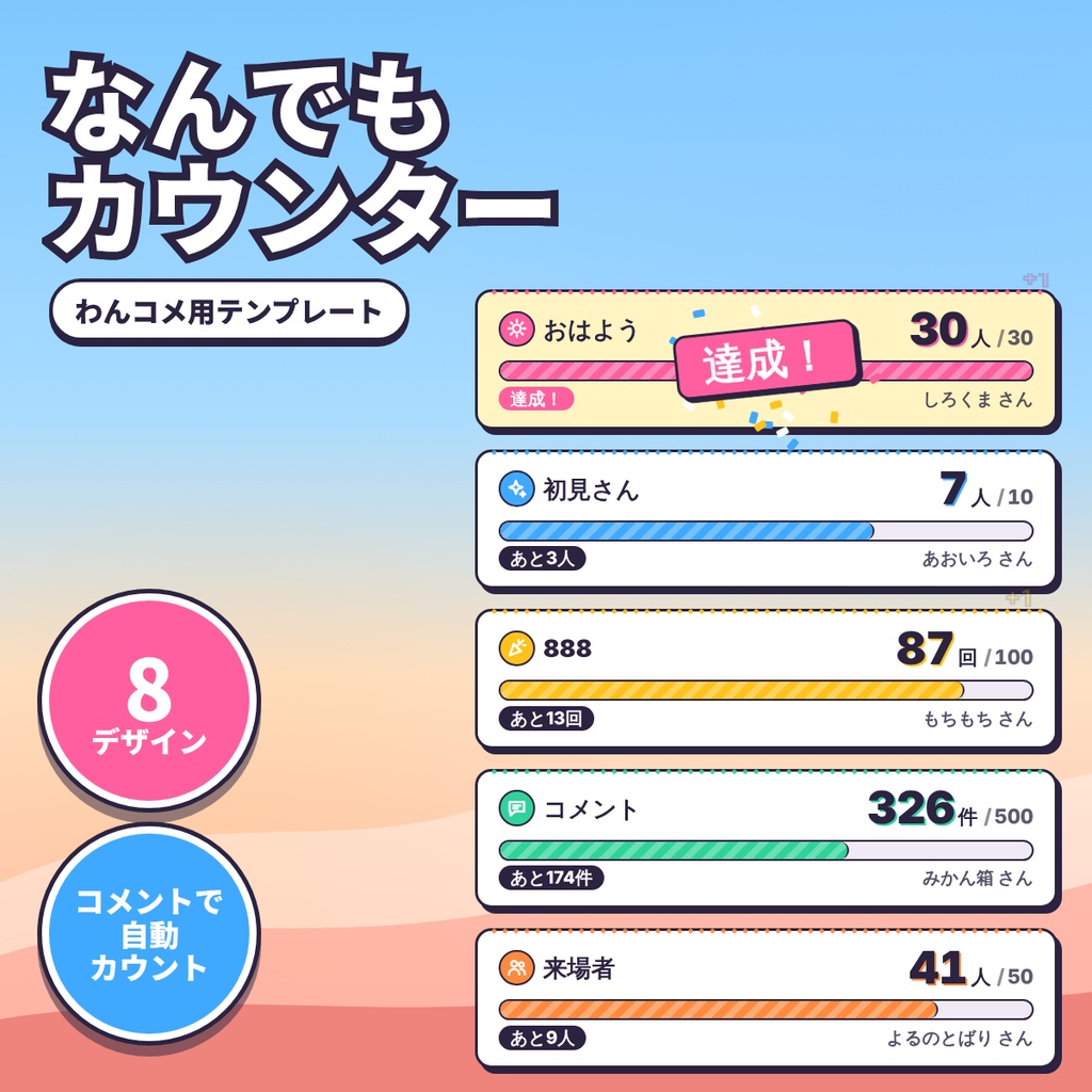 【わんコメテンプレート】なんでもカウンター8デザイン 目標メーター【OBS・商用OK】