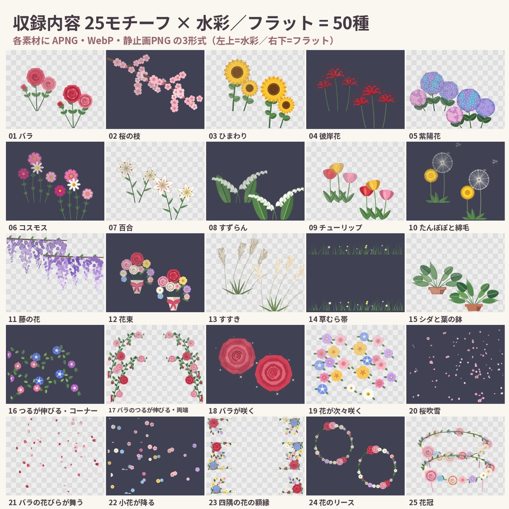 【ココフォリア・配信】風に揺れる花と植物の動くAPNG50種【水彩/フラット・商用OK】