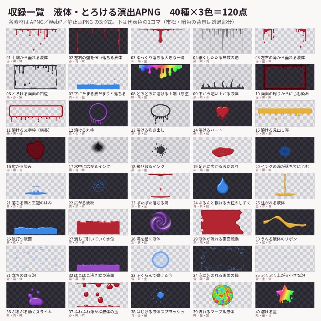 【ココフォリア・配信】液体・とろける演出APNG 40種120点 血・インク・泡 商用OK