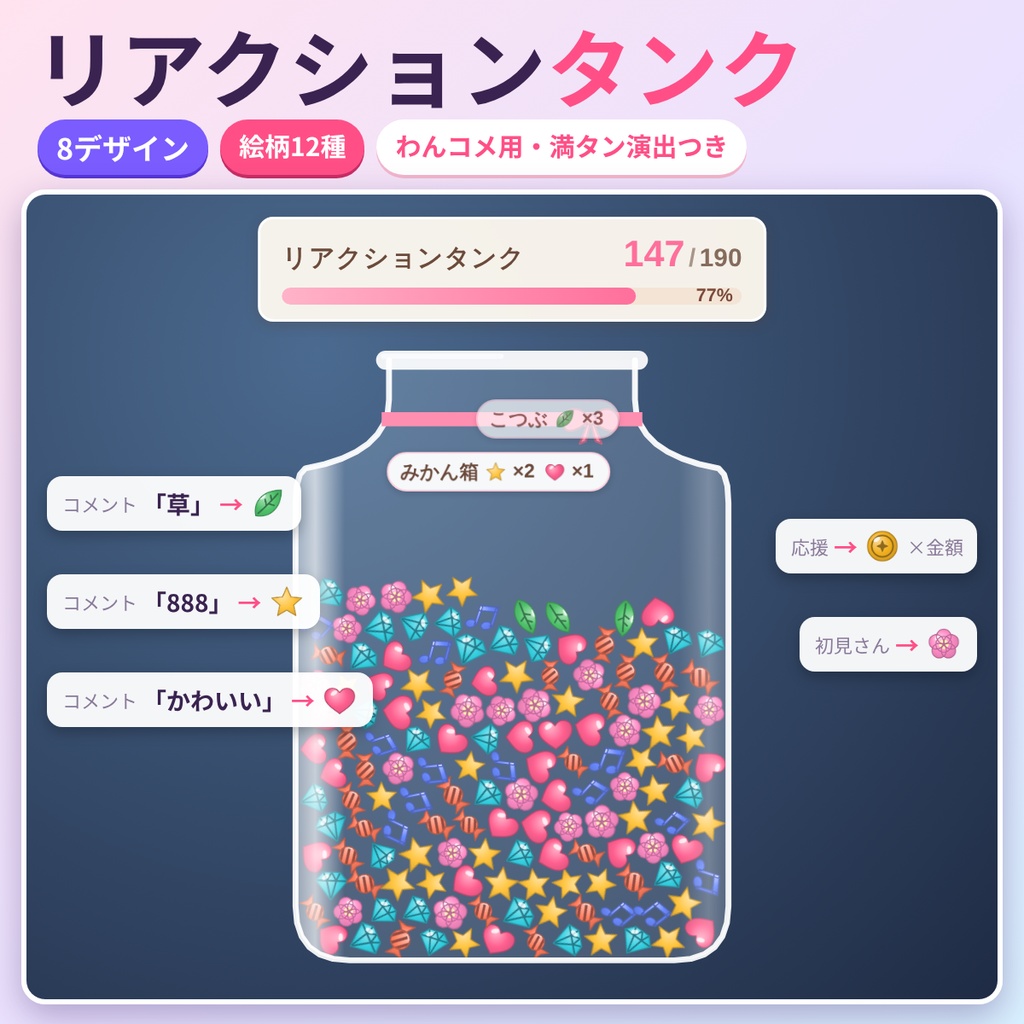 【わんコメテンプレート】リアクションタンク8デザイン×絵柄12種【配信・OBS・商用OK】