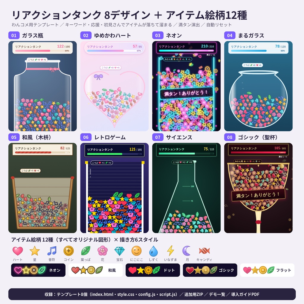 【わんコメテンプレート】リアクションタンク8デザイン×絵柄12種【配信・OBS・商用OK】