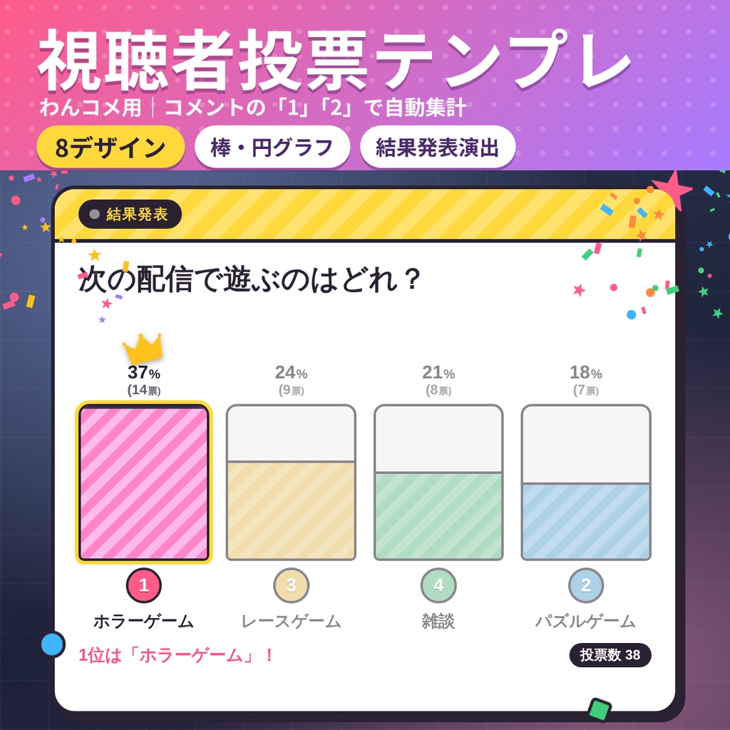 【わんコメテンプレート】視聴者投票・アンケート8デザイン コメントで自動集計【OBS配信】