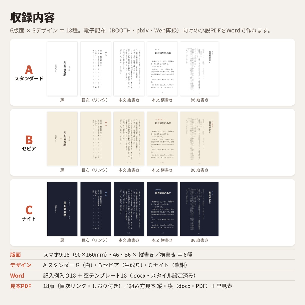 【電子版】小説PDFテンプレート18種 Word縦書き・横書き スマホ9:16/A6/B6