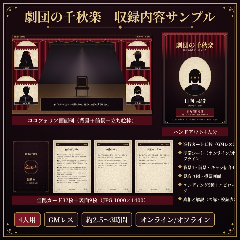 劇団の千秋楽【マーダーミステリー】4人用・GMレス・証拠カード32枚・オンオフ両対応