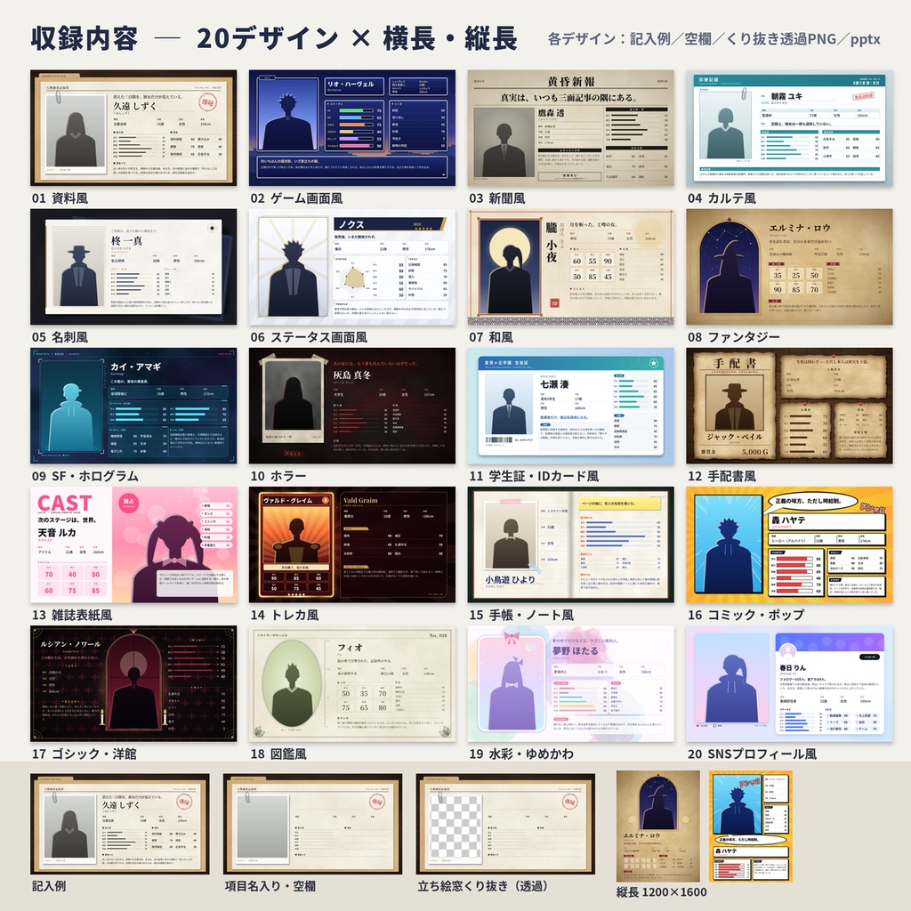 【TRPG素材】立ち絵ディスプレイ20種 キャラ紹介画像テンプレ pptx 縦横2サイズ
