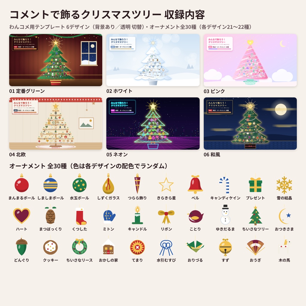 【わんコメテンプレート】コメントで飾るクリスマスツリー6デザイン【配信・OBS・商用OK】