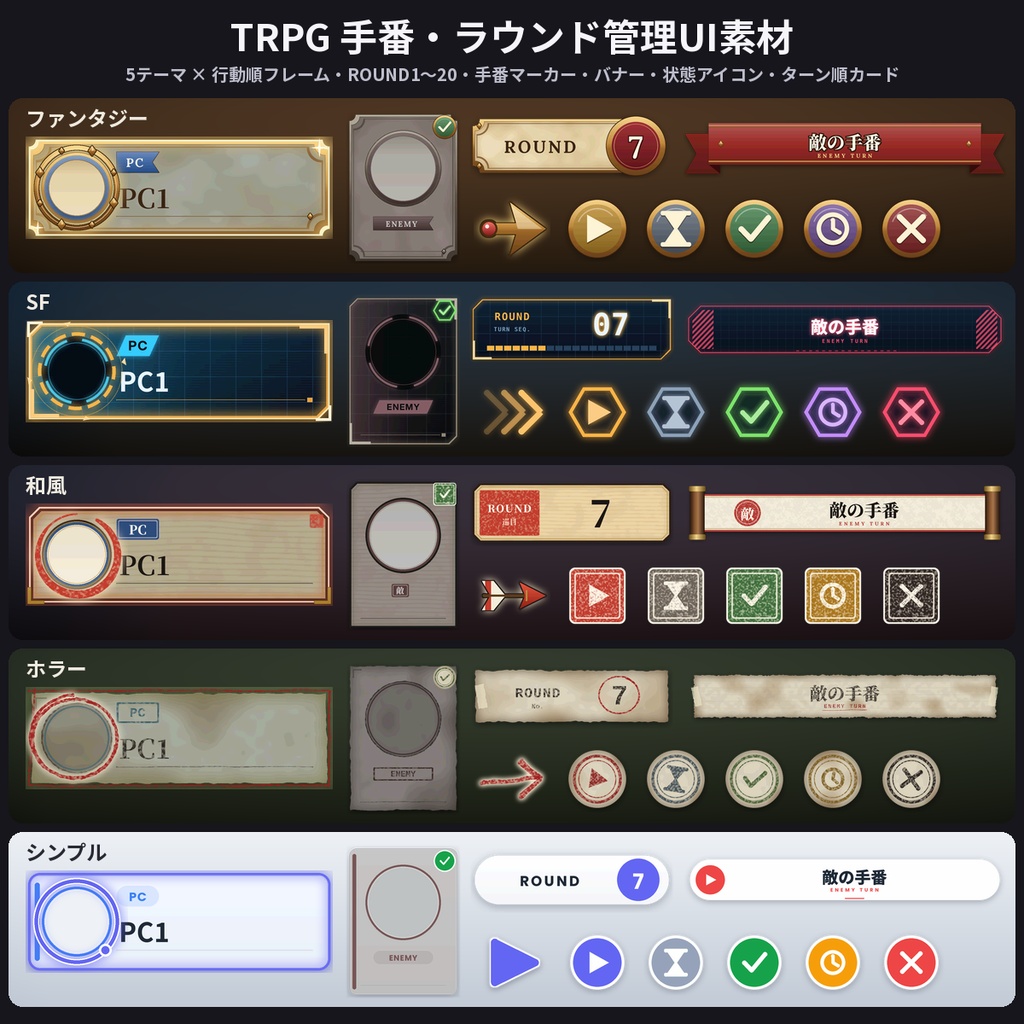 【TRPG素材】手番・ラウンド管理UI 5テーマ490点 イニシアチブ表 ココフォリア