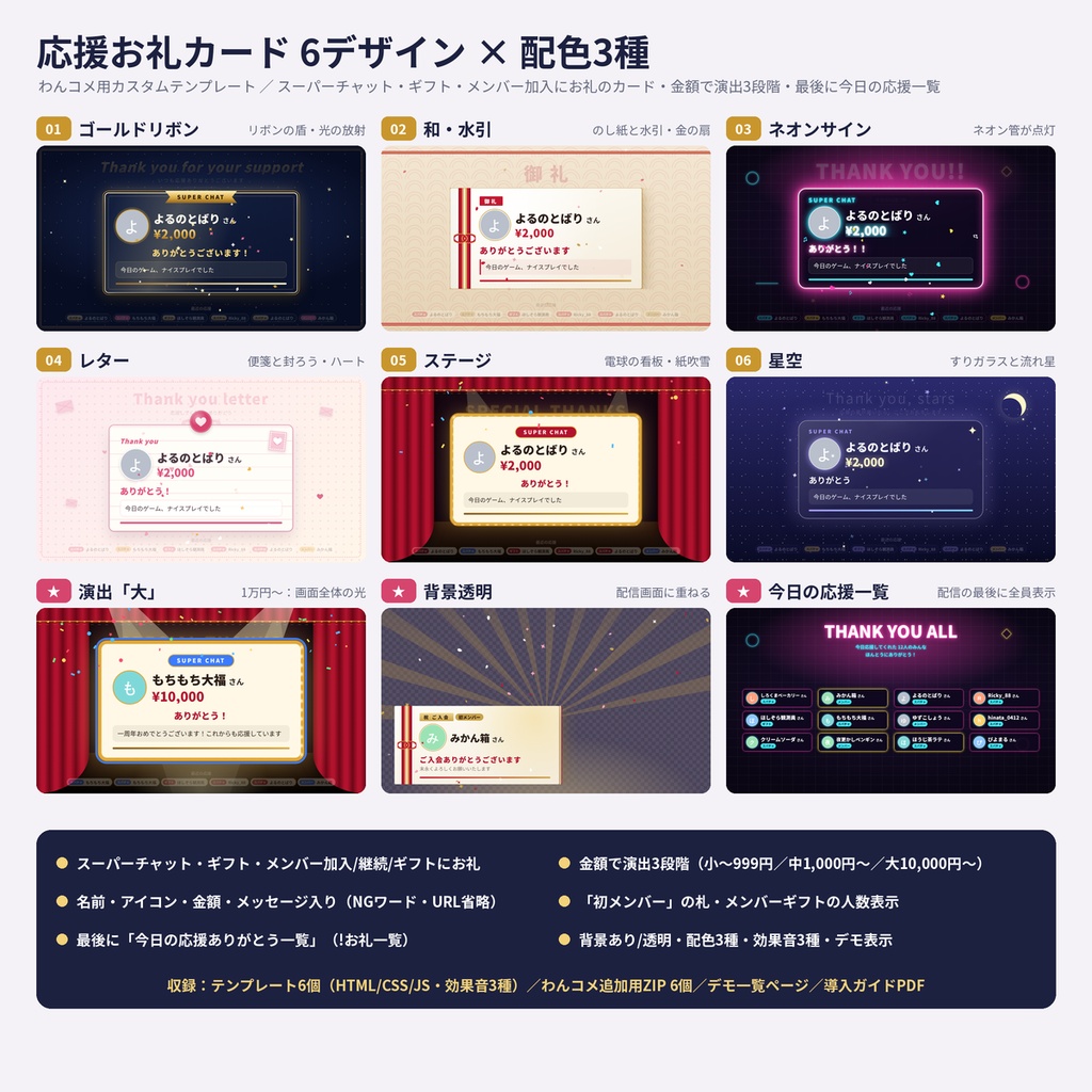 【わんコメ】投げ銭・スパチャ・メンバー加入お礼カード6デザイン 金額で演出3段階【OBS】