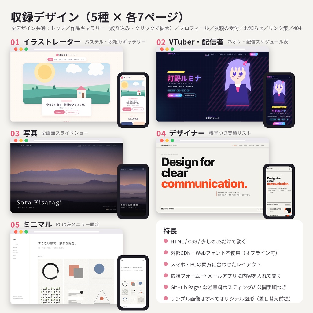 ポートフォリオサイト HTMLテンプレート5種 スマホ対応 イラスト・VTuber・写真