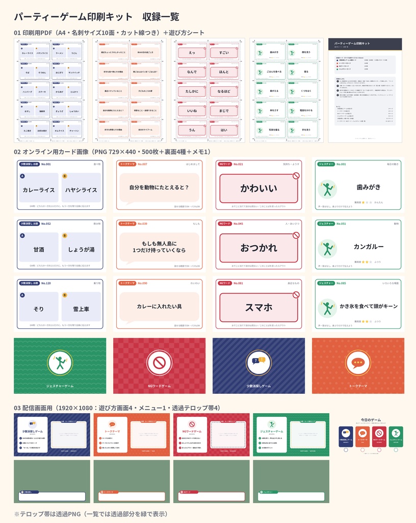 【印刷して遊べる】パーティーゲーム お題カード500枚 少数派探し・NGワード・ジェスチャー