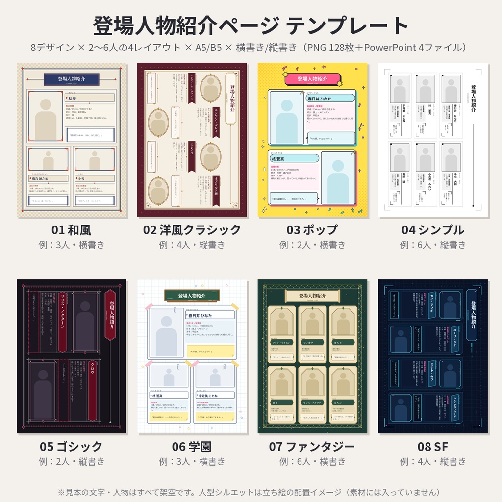 同人誌 キャラ紹介・登場人物紹介テンプレ 8デザイン128枚 A5B5 縦書き対応
