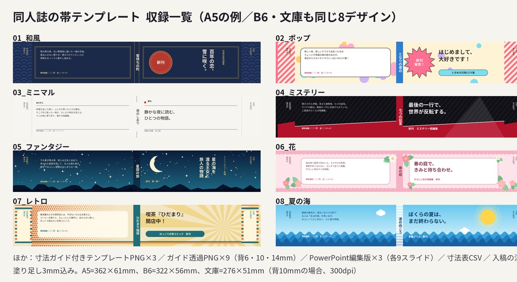 同人誌の帯(オビ)テンプレート|A5・B6・文庫 展開図ガイド+デザイン例8種+PowerPoint編集版