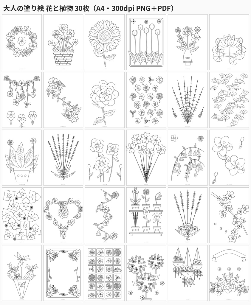 大人の塗り絵 花と植物30枚|A4 PDF+PNG 300dpi・印刷してすぐ塗れる