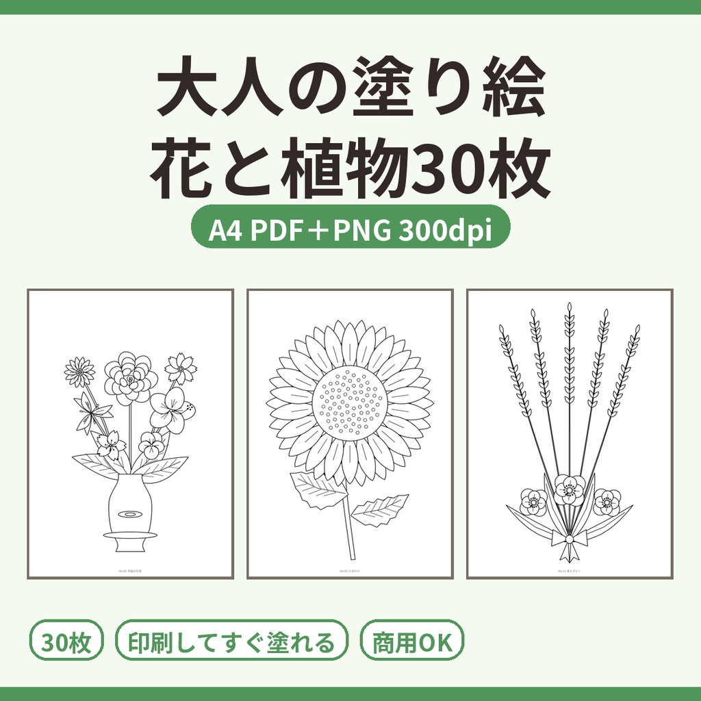 大人の塗り絵 花と植物30枚|A4 PDF+PNG 300dpi・印刷してすぐ塗れる
