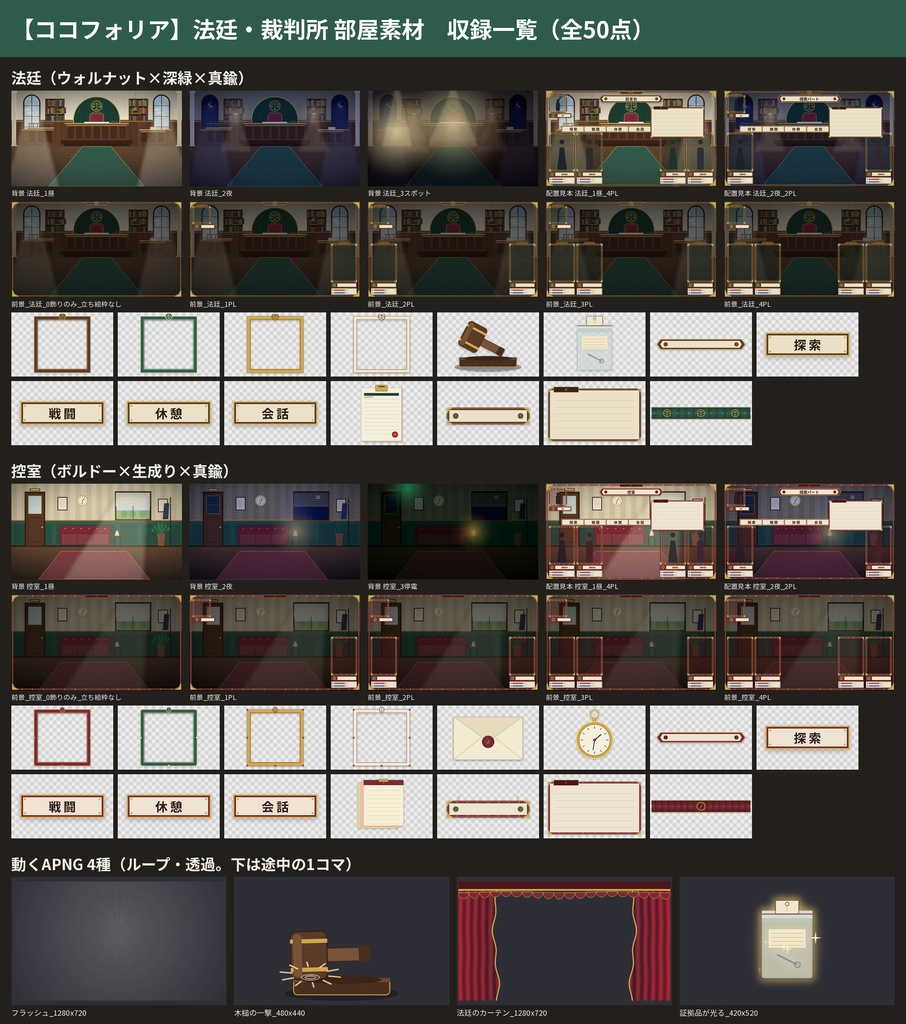 【ココフォリア】法廷・裁判所 部屋素材50点 1〜4PL 動くAPNG TRPG