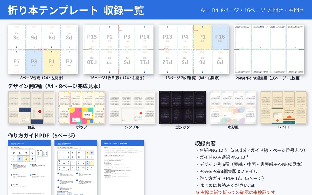 折り本テンプレート 8ページ・16ページ A4/B4 面付け済み 同人誌 ペーパー PowerPoint編集版つき 商用OK