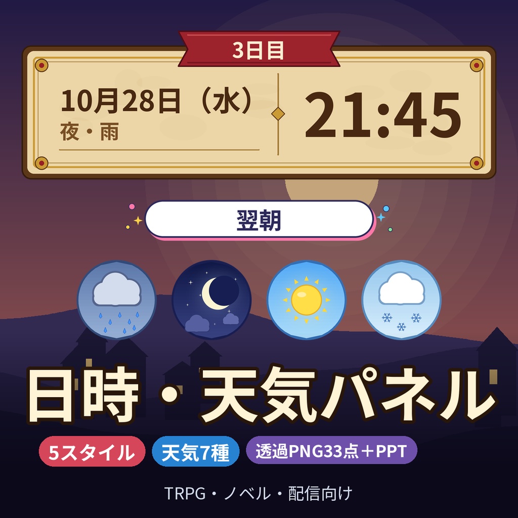 【TRPG】日時・時間経過・天気パネル素材 5スタイル 透過PNG＋PowerPoint付