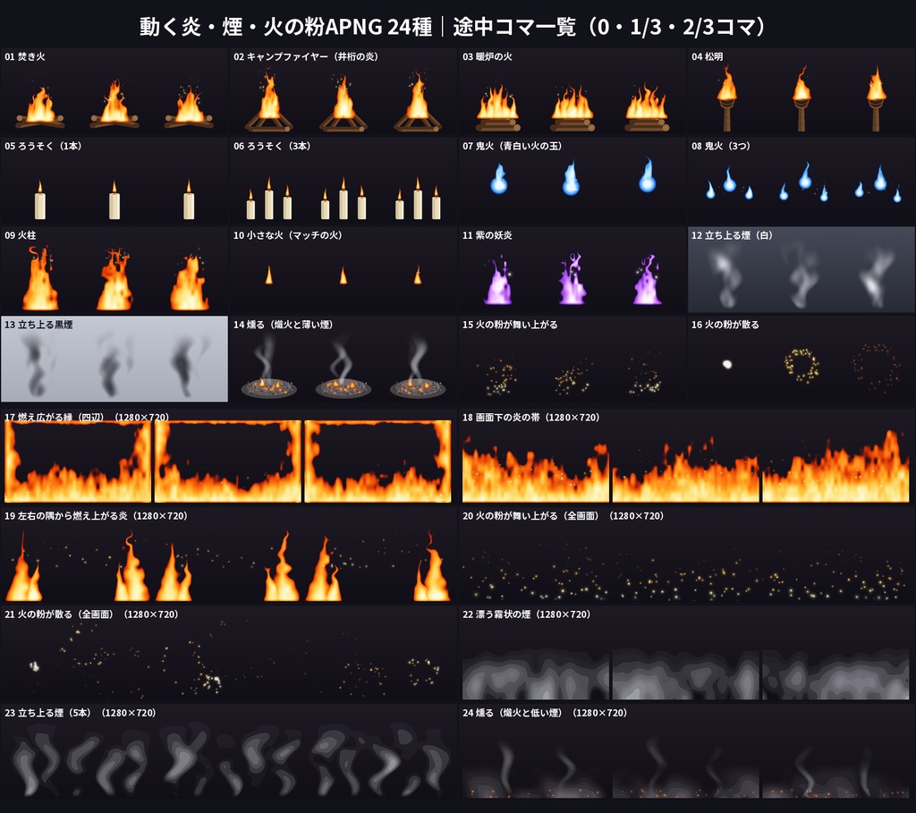 【ココフォリア・配信】動く炎・煙・火の粉APNG 24種 焚き火 暖炉 松明 鬼火 透過ループ 静止PNG付 商用OK