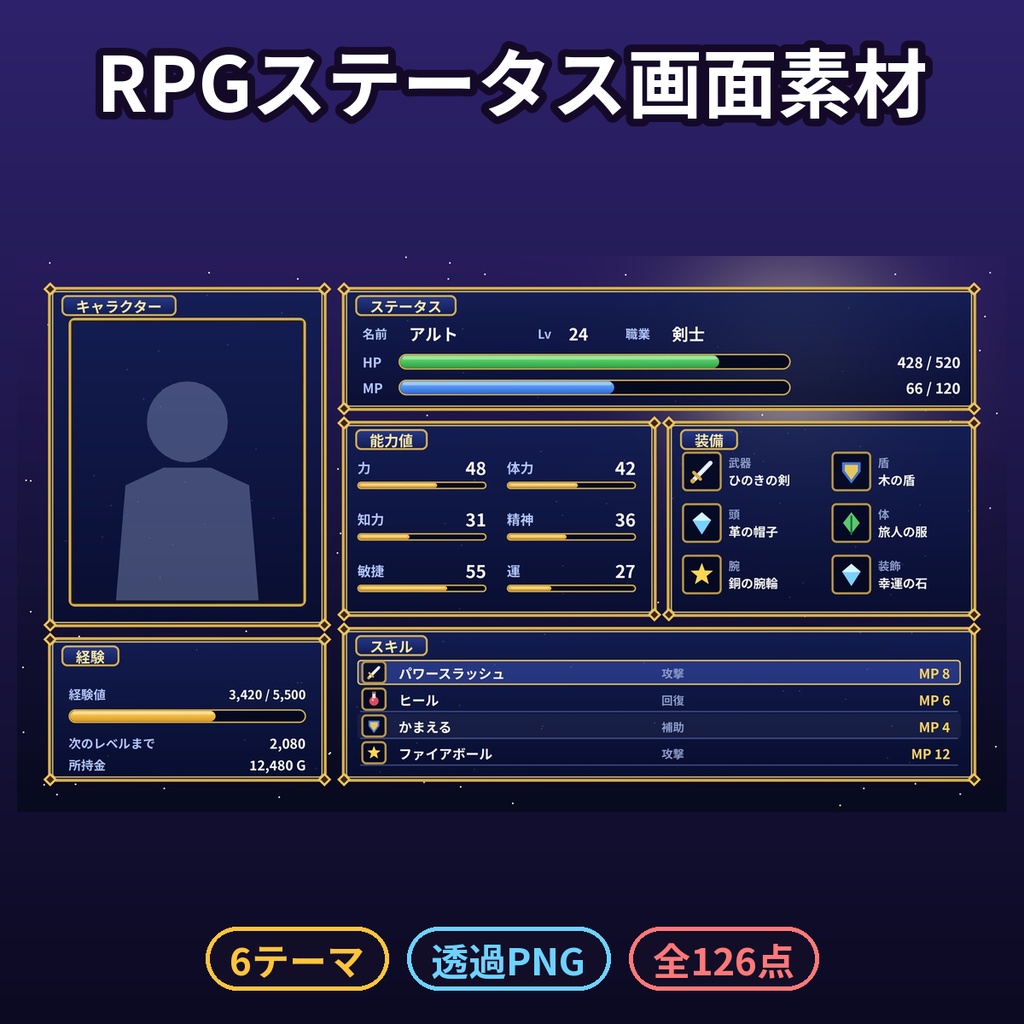 RPG風ステータス画面・ウィンドウ素材 6テーマ 透過PNG 装備 持ち物 スキル クエスト 商用OK