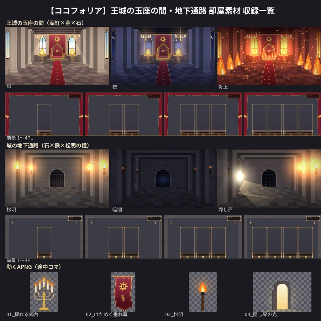 【ココフォリア】王城の玉座の間・地下通路 部屋素材50点 1〜4PL 動くAPNG TRPG ファンタジー
