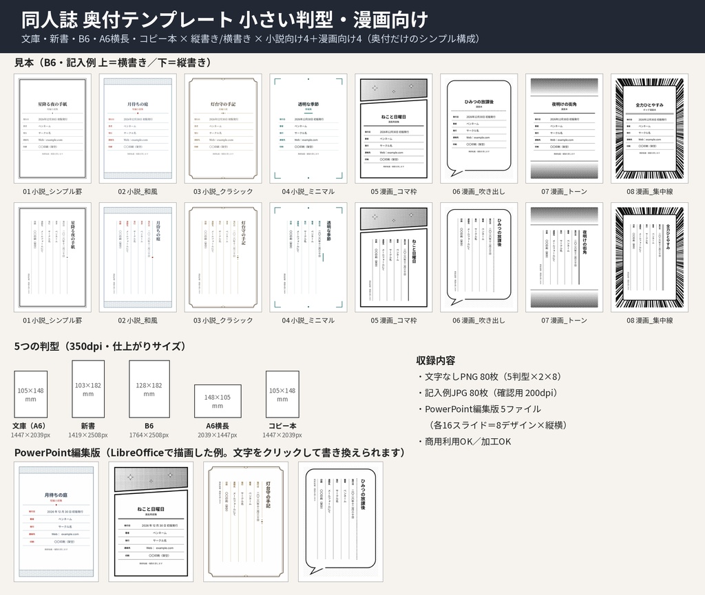 同人誌 奥付テンプレート 文庫・新書・B6・A6横 縦書き横書き 漫画向け吹き出し枠 商用OK
