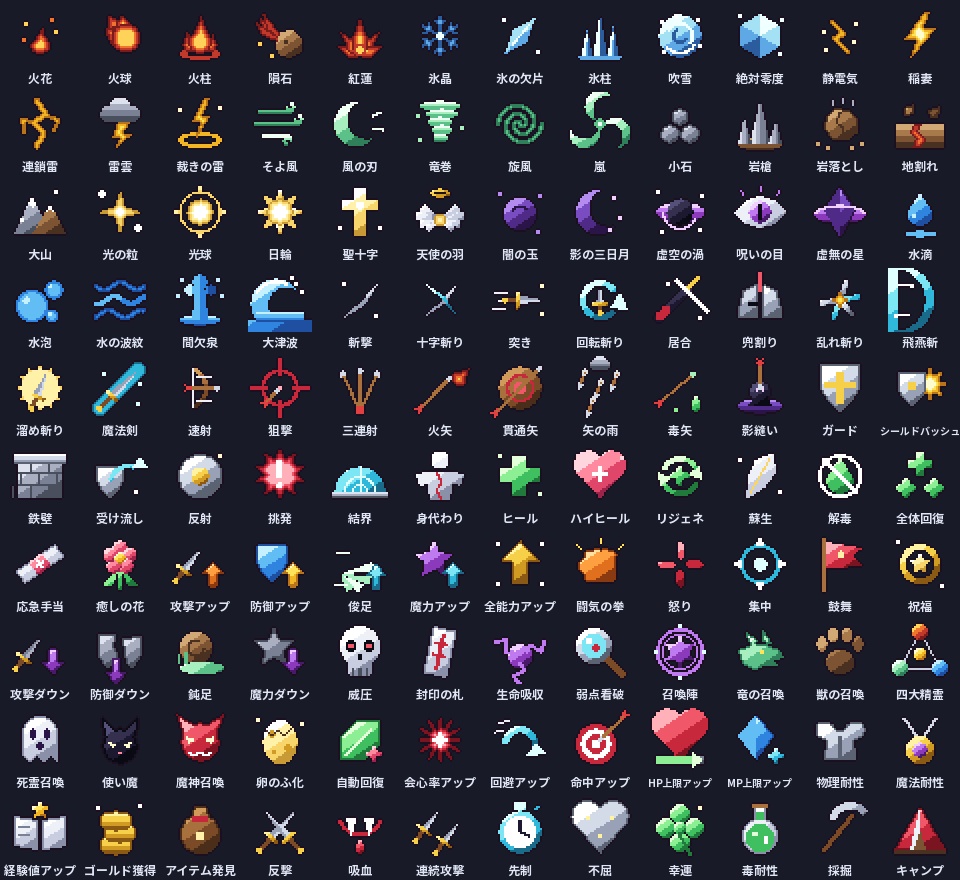 ドット絵スキルアイコン120種 32×32 魔法・剣技・弓技・回復・強化・召喚・パッシブ 透過PNG 商用OK