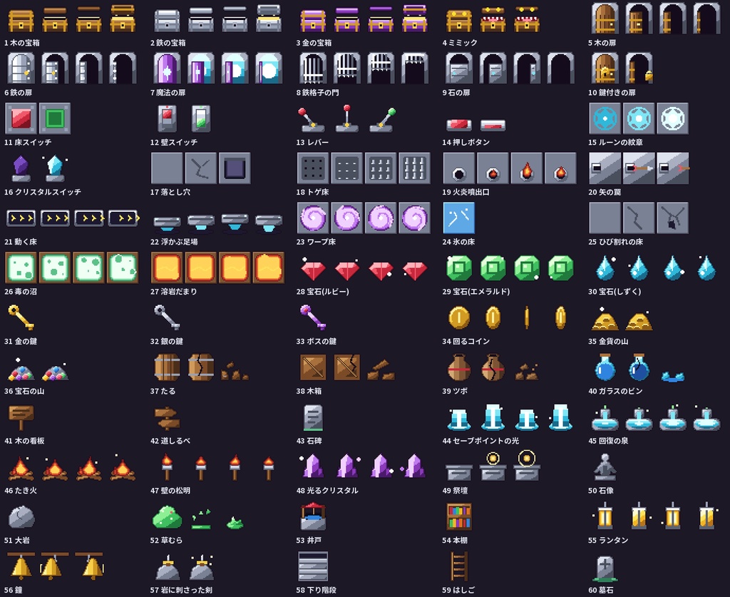 ドット絵マップギミック60種 宝箱・扉・罠・スイッチ・たる・セーブ光 16×16と32×32 透過PNG