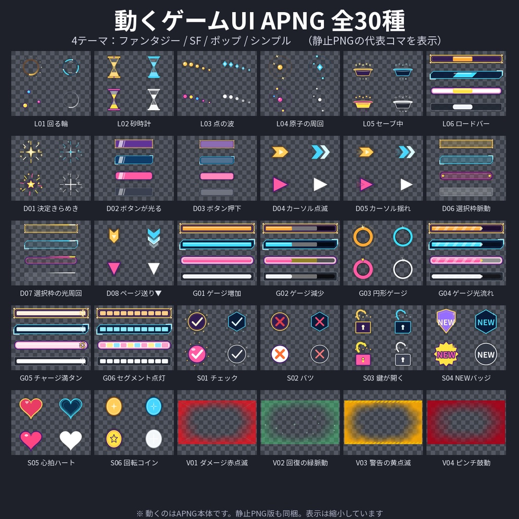 【ココフォリア・配信】動くゲームUIパーツAPNG30種×4テーマ ローディング・ゲージ・カーソル 商用OK