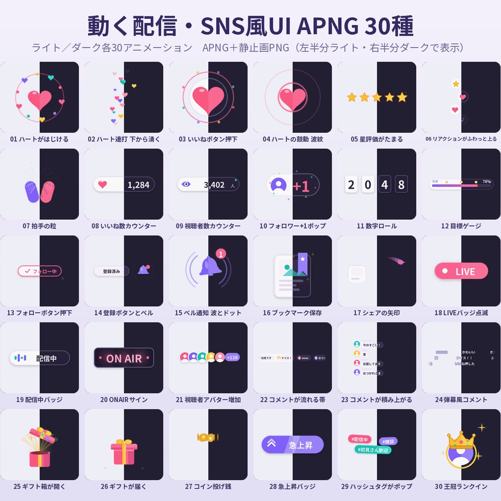 【ココフォリア・配信】動く配信・SNS風リアクションUI APNG素材30種 ライト・ダーク 透過
