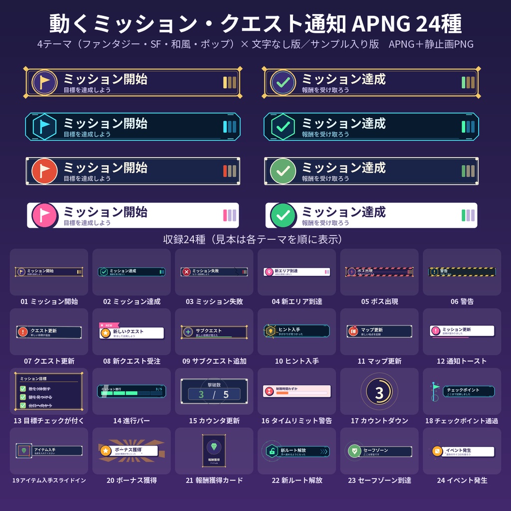 【ココフォリア・配信】動くミッション・クエスト通知APNG素材24種 4テーマ 文字なし+サンプル入り