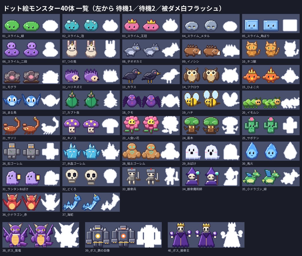 ドット絵モンスター素材40体 32px&ボス64px 待機アニメ+被ダメ 透過PNG ゲーム 商用OK