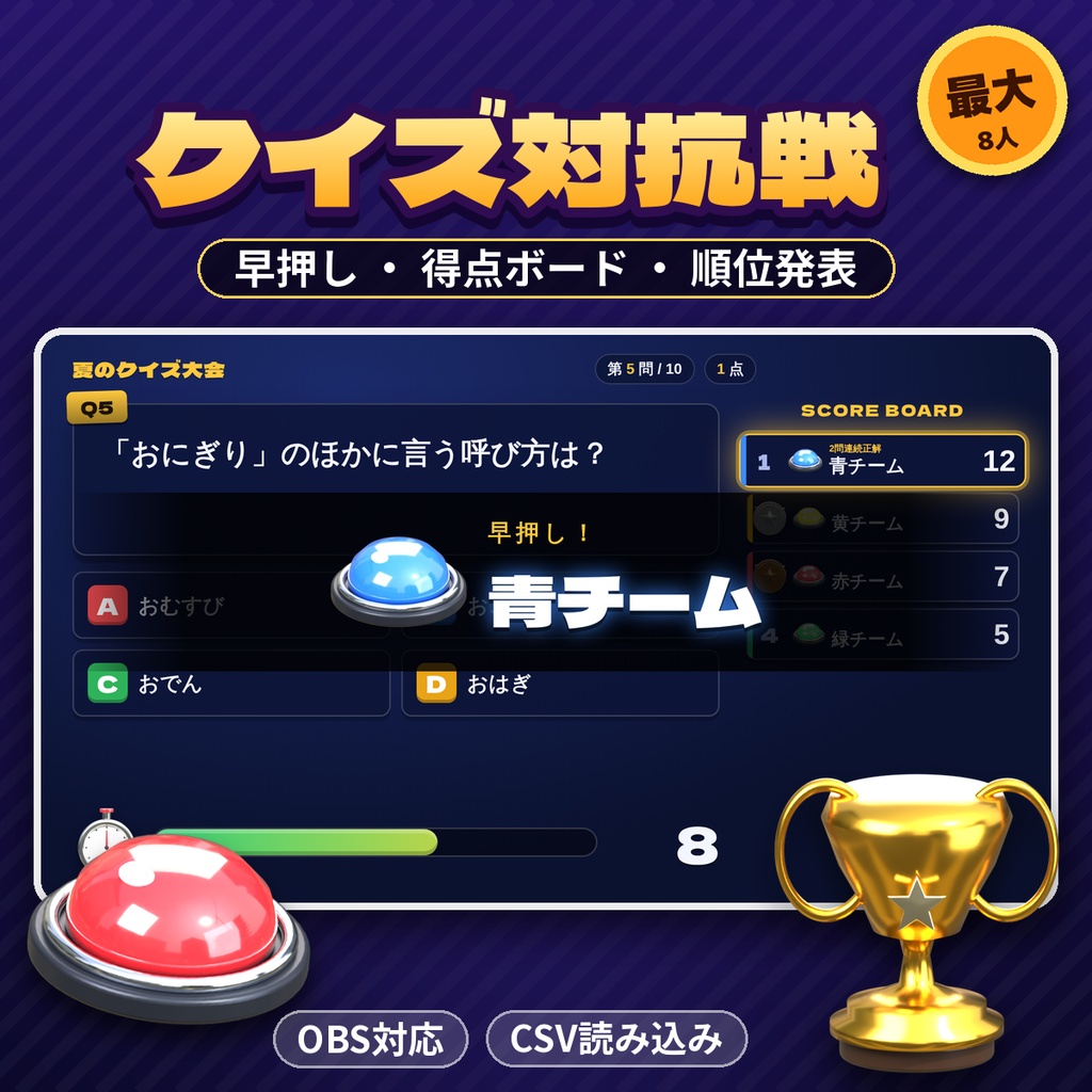 【OBS対応】クイズ対抗戦ボード 早押し判定・得点ボード・最終順位つき 最大8人 CSV読み込み 配信クイズ大会ツール
