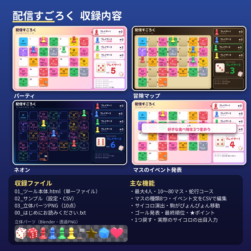 【OBS対応】配信すごろく 最大4人 マスのイベントをCSV編集 サイコロ演出・ゴール発表つき HTMLツール